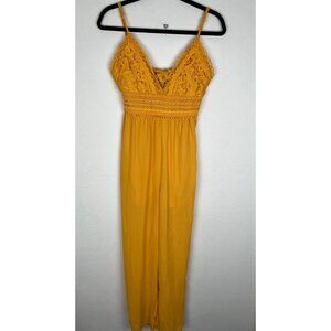 Blashe Jumpsuit Women Crochet Detail Back Tie Yellow Wide Legs V-Neck XL NWT